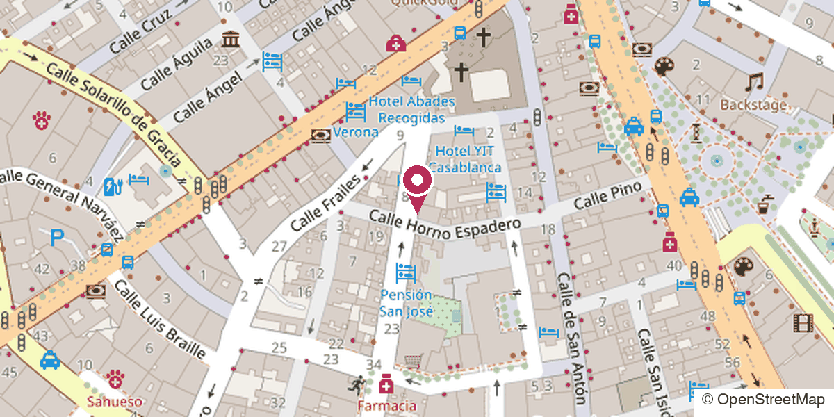 Plano de situación de Ortopedia Ubiña, en Calle San José Baja, 9, Granada. Datos del mapa: OpenStreetMap
